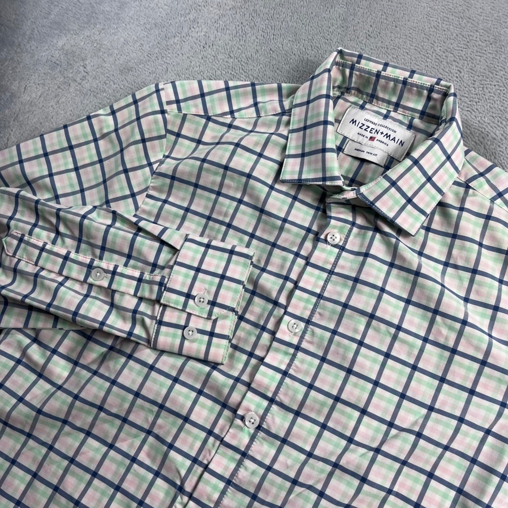 Mizzen+Main Leeward Collection Shirt Mens Medium Trim Fit Check Green Pink Navy